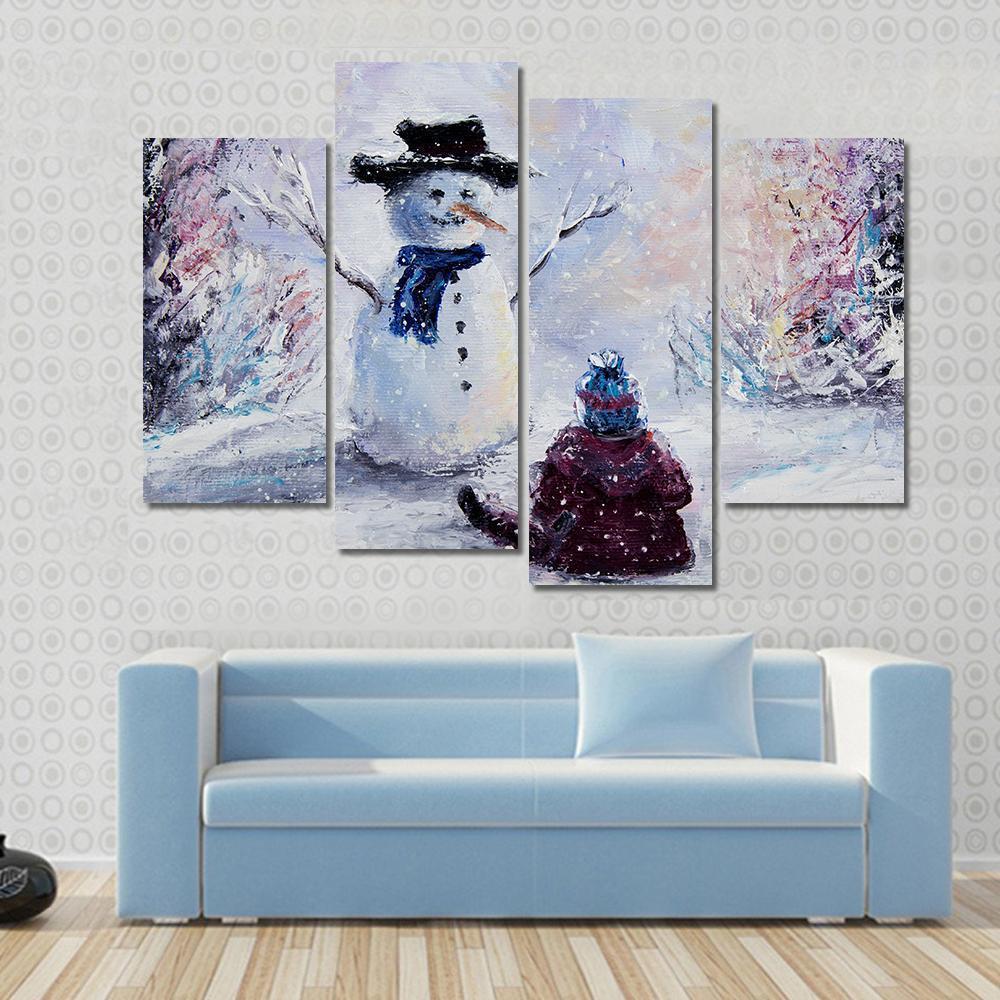 Snowman &amp; Child Canvas Wall Art-4 Pop-Gallery Wrap-50&quot; x 32&quot;-Tiaracle