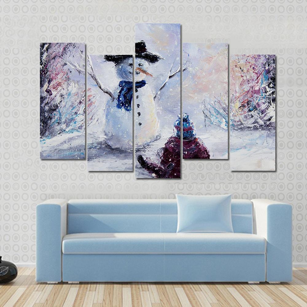 Snowman &amp; Child Canvas Wall Art-5 Pop-Gallery Wrap-47&quot; x 32&quot;-Tiaracle