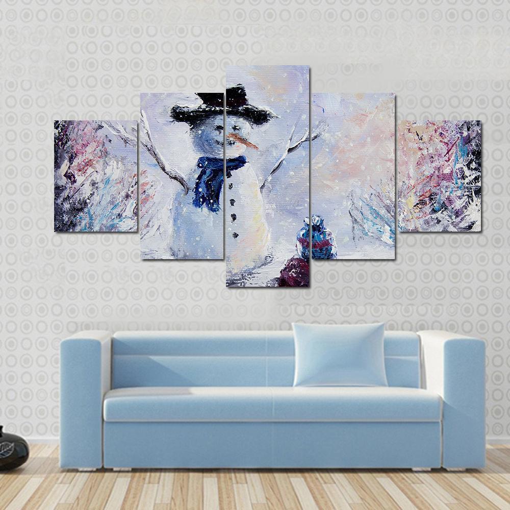 Snowman &amp; Child Canvas Wall Art-5 Star-Gallery Wrap-62&quot; x 32&quot;-Tiaracle