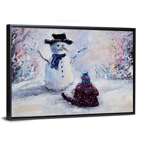 Snowman &amp; Child Canvas Wall Art-3 Horizontal-Gallery Wrap-25&quot; x 16&quot;-Tiaracle