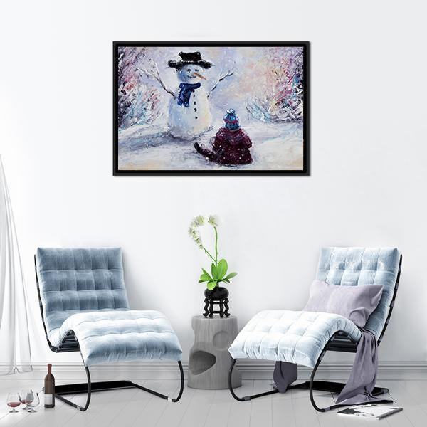 Snowman &amp; Child Canvas Wall Art-1 Piece-Floating Frame-24&quot; x 16&quot;-Tiaracle