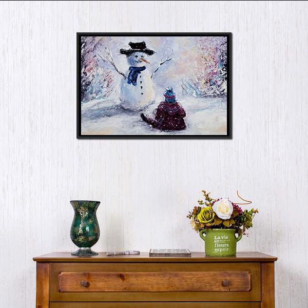 Snowman &amp; Child Canvas Wall Art-3 Horizontal-Gallery Wrap-25&quot; x 16&quot;-Tiaracle