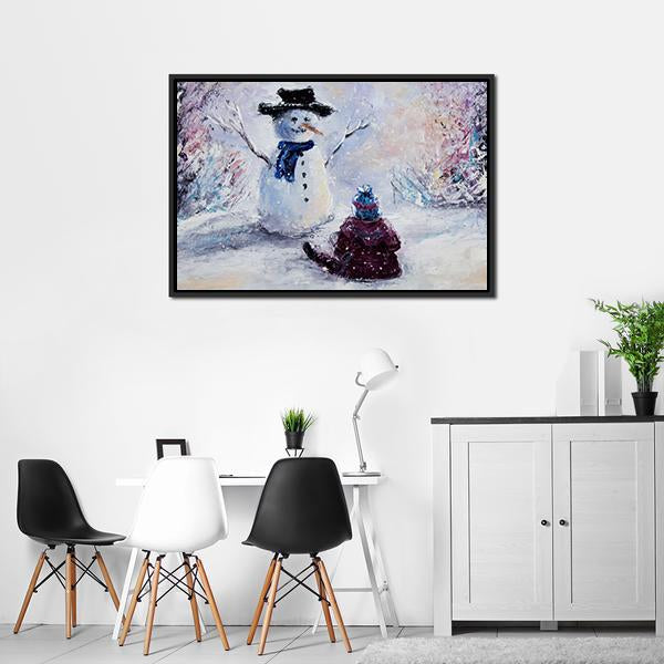 Snowman &amp; Child Canvas Wall Art-3 Horizontal-Gallery Wrap-25&quot; x 16&quot;-Tiaracle