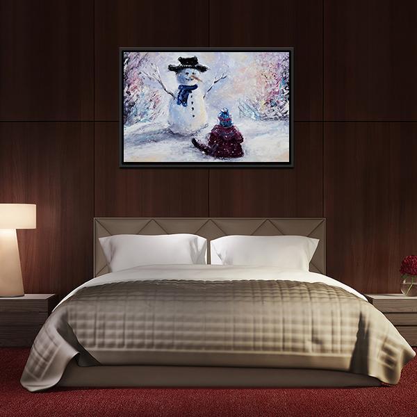 Snowman &amp; Child Canvas Wall Art-3 Horizontal-Gallery Wrap-25&quot; x 16&quot;-Tiaracle