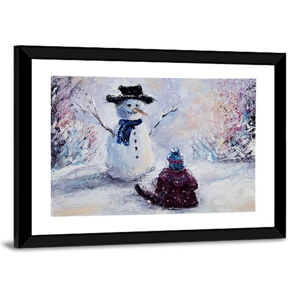 Snowman &amp; Child Canvas Wall Art-3 Horizontal-Gallery Wrap-25&quot; x 16&quot;-Tiaracle
