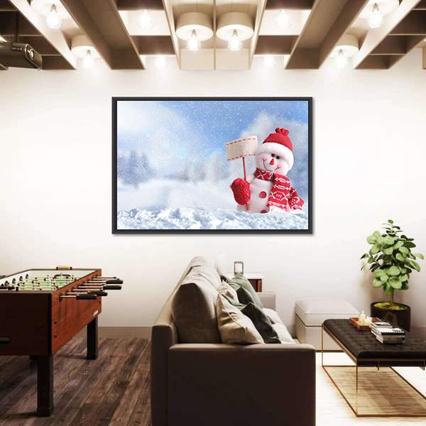 Snowman With A Blank Placard In His Hand Canvas Wall Art-5 Horizontal-Gallery Wrap-22" x 12"-Tiaracle