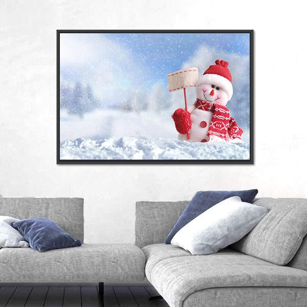 Snowman With A Blank Placard In His Hand Canvas Wall Art-5 Horizontal-Gallery Wrap-22" x 12"-Tiaracle