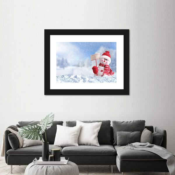 Snowman With A Blank Placard In His Hand Canvas Wall Art-5 Horizontal-Gallery Wrap-22" x 12"-Tiaracle