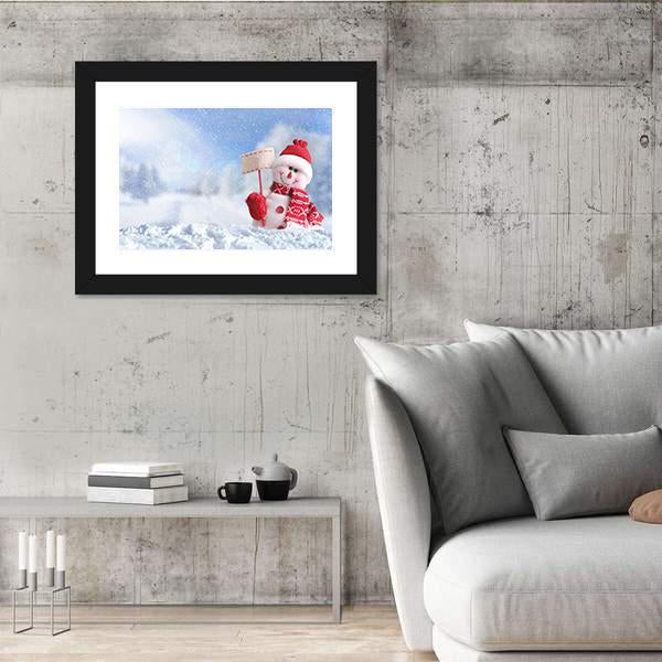 Snowman With A Blank Placard In His Hand Canvas Wall Art-5 Horizontal-Gallery Wrap-22" x 12"-Tiaracle