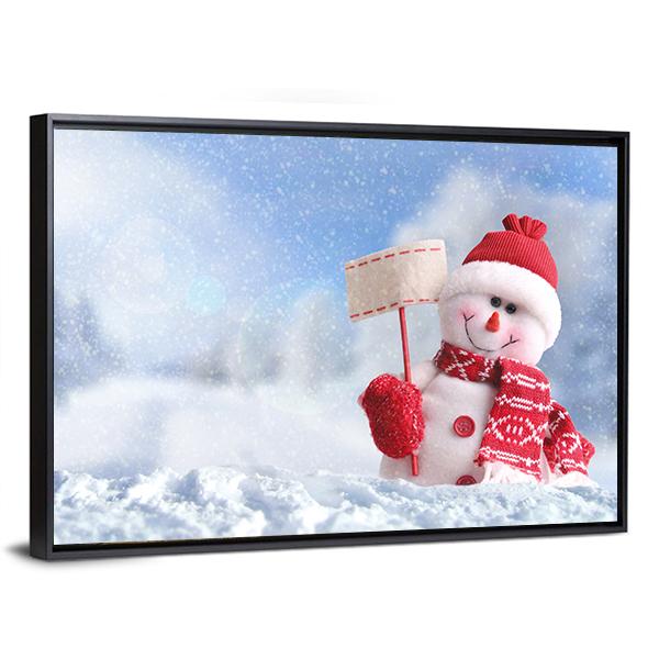 Snowman With A Blank Placard In His Hand Canvas Wall Art-5 Horizontal-Gallery Wrap-22" x 12"-Tiaracle