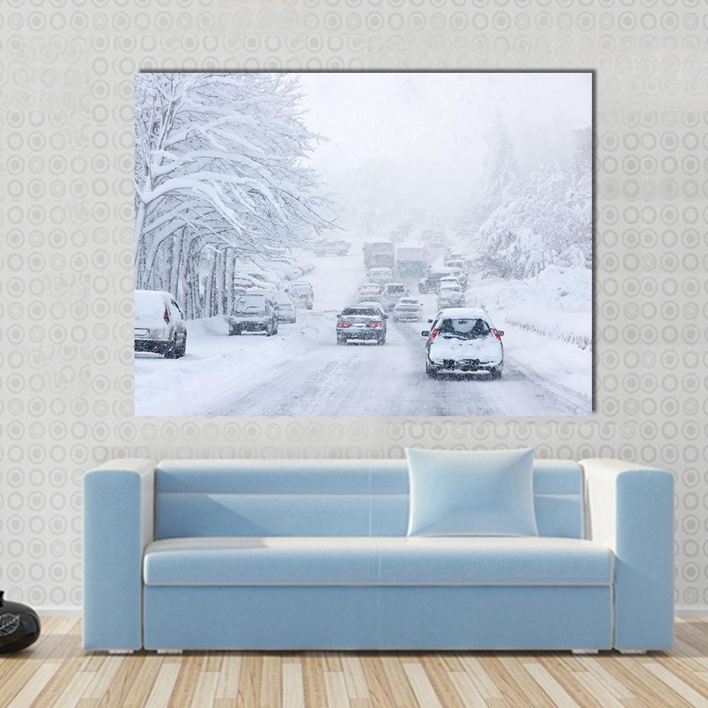 Snowy Road Traffic Jam Canvas Wall Art in white and gray, single panel hung on a wall