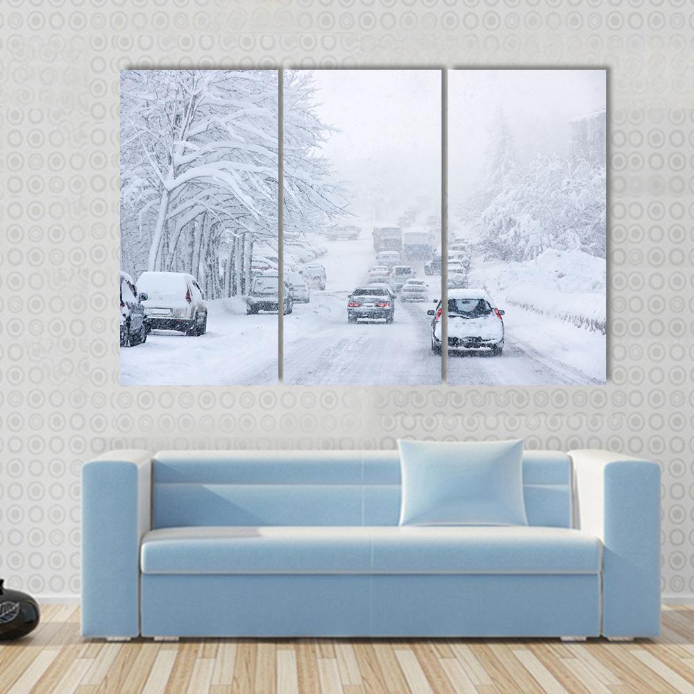 Snowstorm Poor Visibility Slick Roads And Lots Of Traffic Canvas Wall Art-3 Horizontal-Gallery Wrap-37" x 24"-Tiaracle