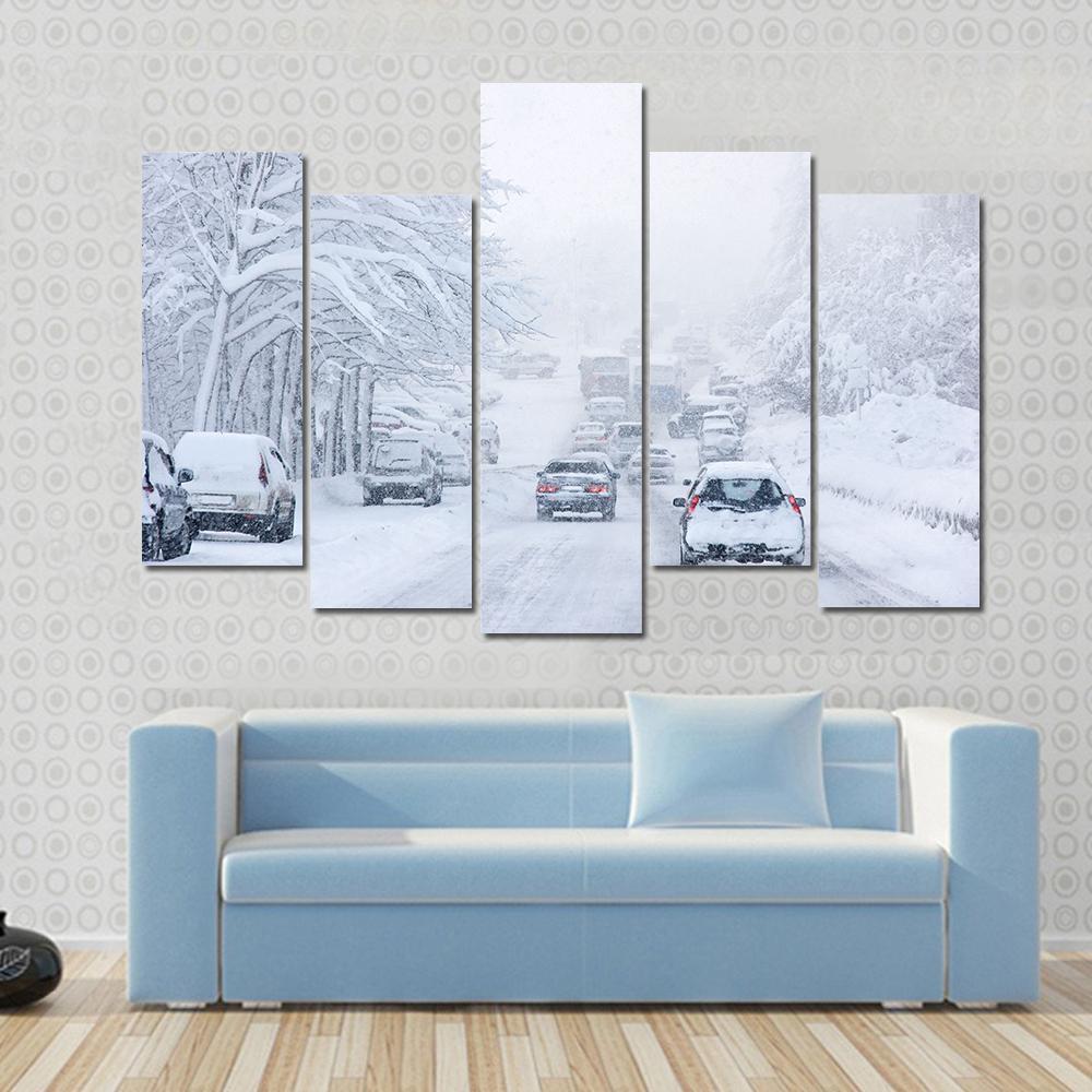 Snowstorm Poor Visibility Slick Roads And Lots Of Traffic Canvas Wall Art-3 Horizontal-Gallery Wrap-37" x 24"-Tiaracle