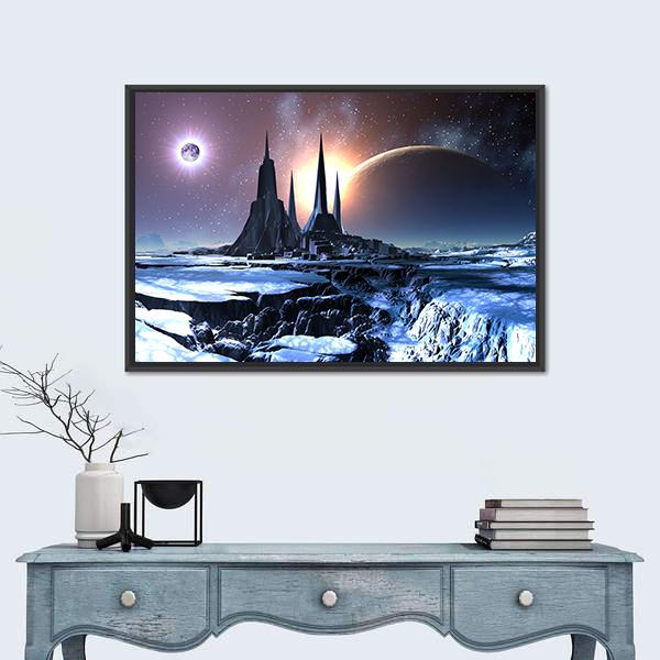 Snowy Alien Planet Canvas Wall Art-1 Piece-Floating Frame-24" x 16"-Tiaracle