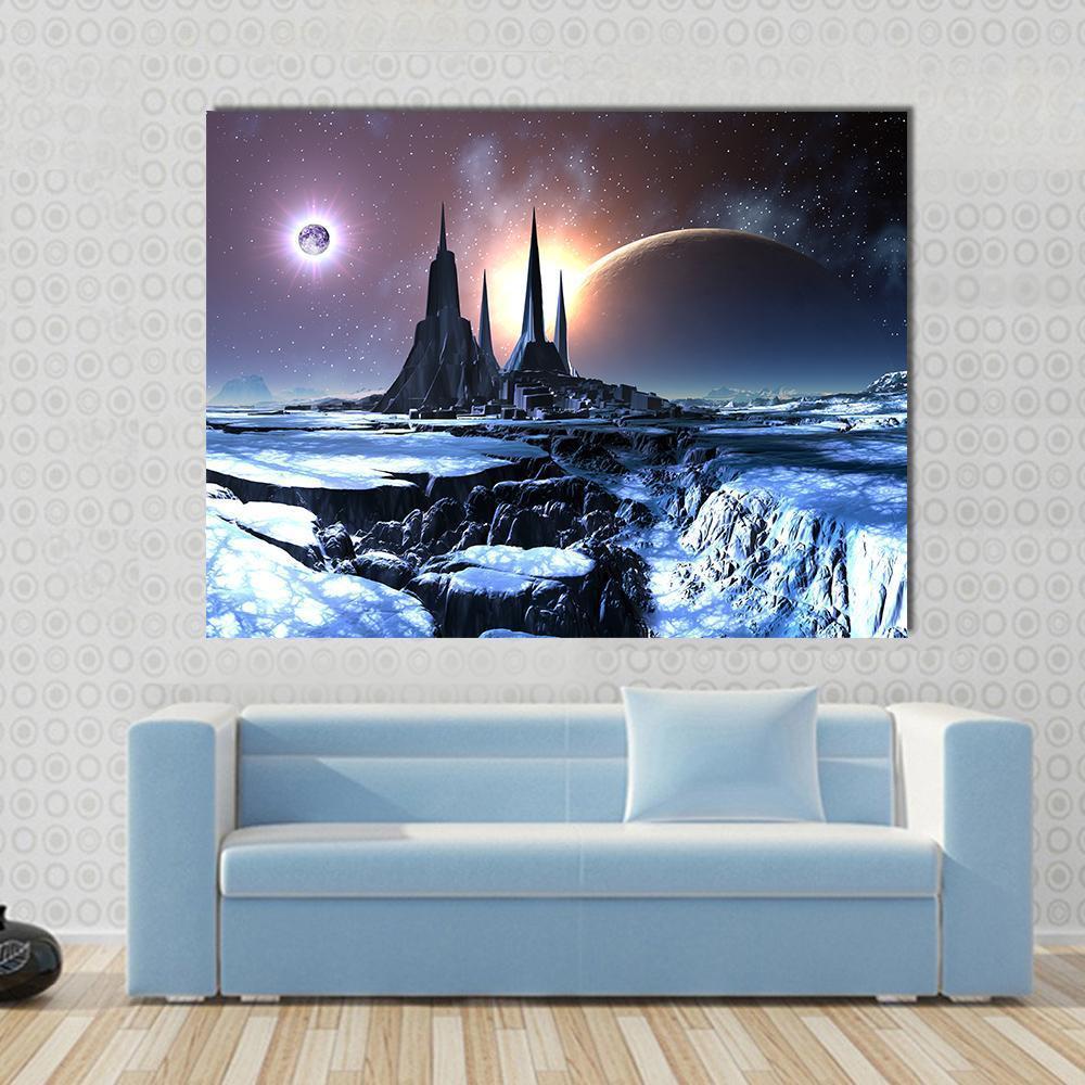 Snowy Alien Planet Canvas Wall Art in black, blue and purple, single panel hung on a wall