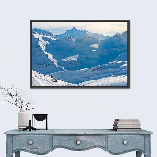 Snowy Blue Mountains In Clouds Canvas Wall Art-1 Piece-Floating Frame-24" x 16"-Tiaracle