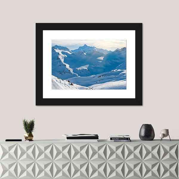 Snowy Blue Mountains In Clouds Canvas Wall Art-1 Piece-Framed Print-20" x 16"-Tiaracle