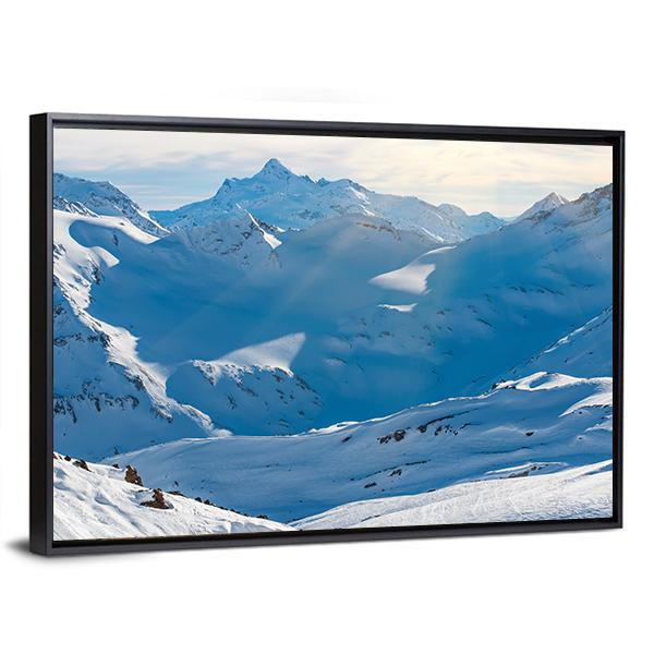 Snowy Blue Mountains In Clouds Canvas Wall Art-3 Horizontal-Gallery Wrap-25" x 16"-Tiaracle