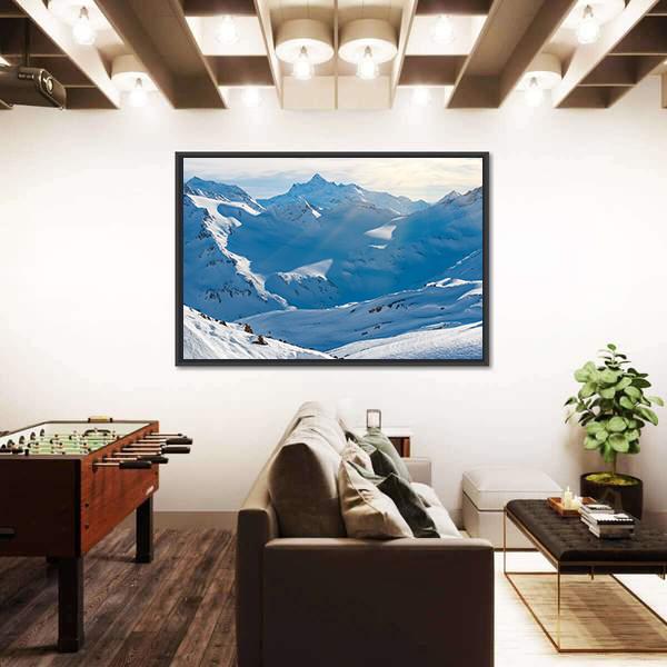 Snowy Blue Mountains In Clouds Canvas Wall Art-3 Horizontal-Gallery Wrap-25" x 16"-Tiaracle