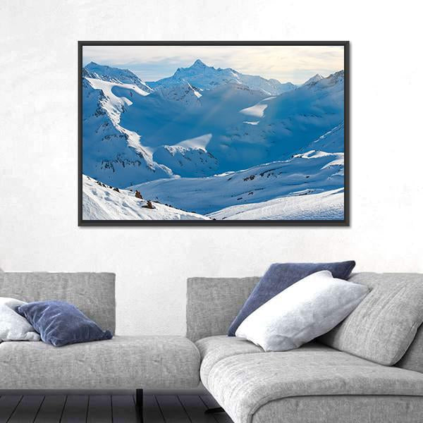 Snowy Blue Mountains In Clouds Canvas Wall Art-3 Horizontal-Gallery Wrap-25" x 16"-Tiaracle