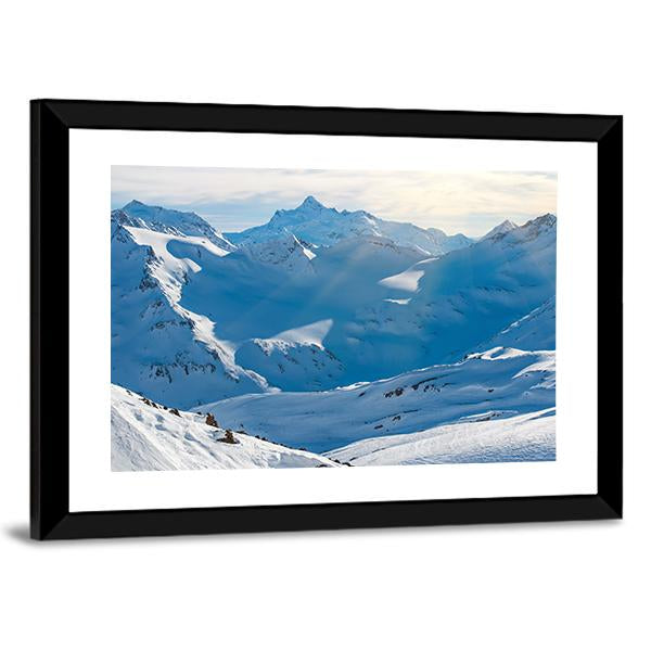 Snowy Blue Mountains In Clouds Canvas Wall Art-3 Horizontal-Gallery Wrap-25" x 16"-Tiaracle