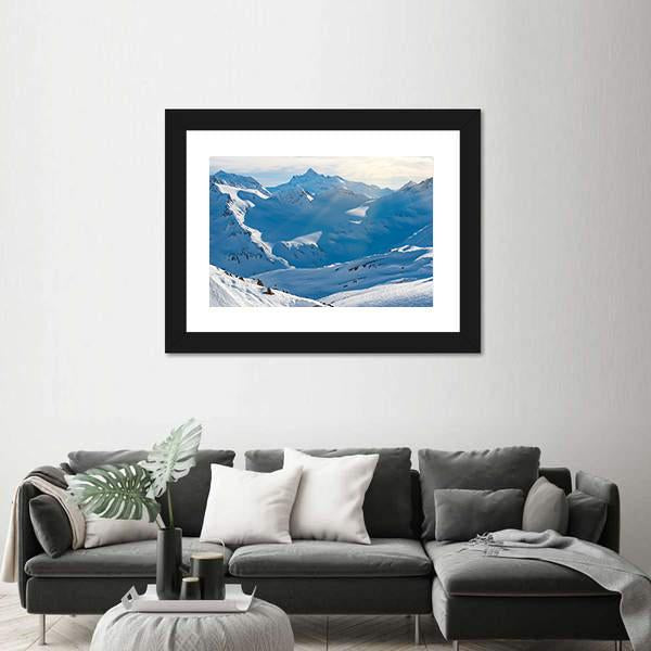 Snowy Blue Mountains In Clouds Canvas Wall Art-3 Horizontal-Gallery Wrap-25" x 16"-Tiaracle