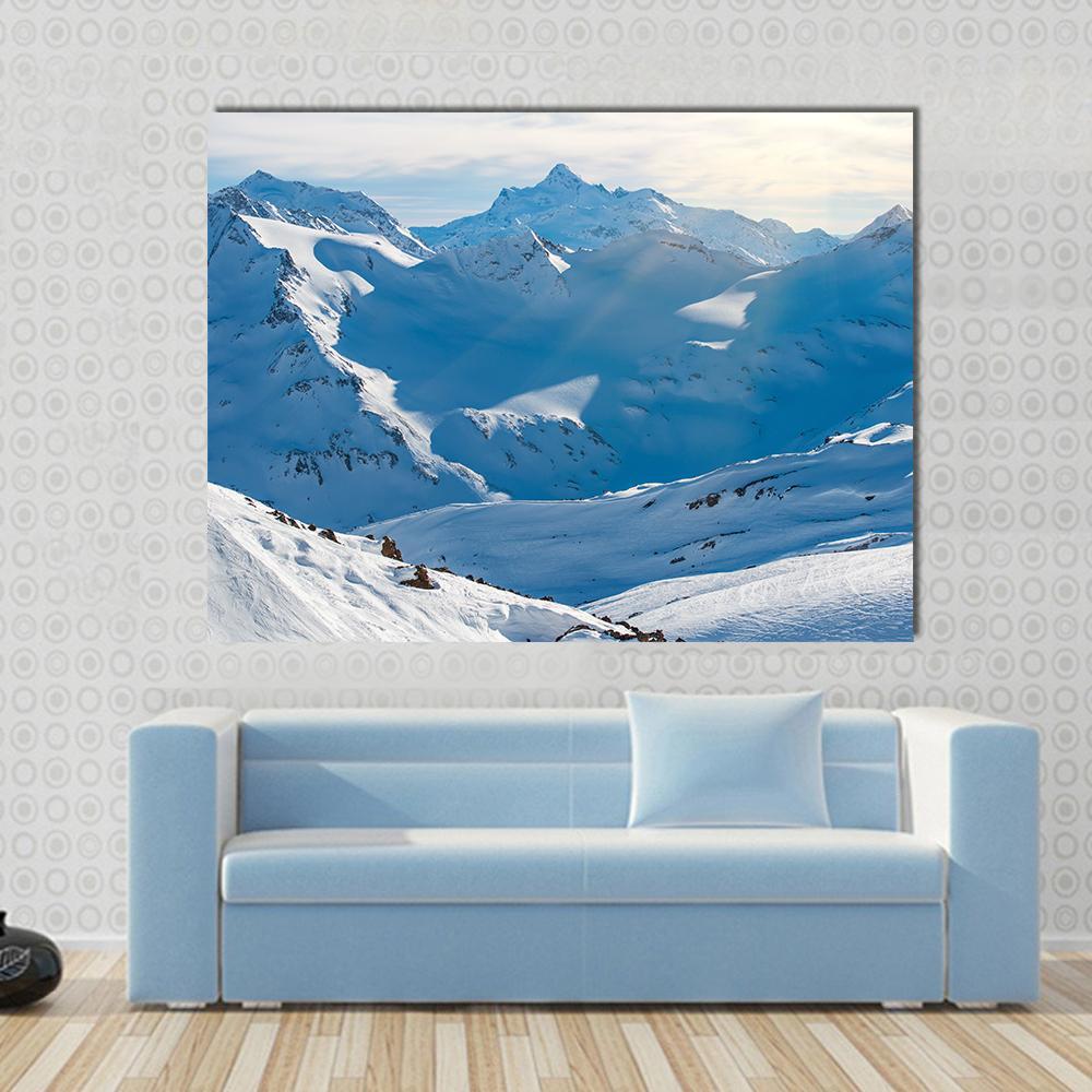 Snowy Blue Mountains In Clouds Canvas Wall Art-1 Piece-Gallery Wrap-48" x 32"-Tiaracle