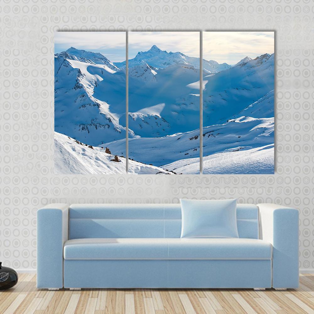 Snowy Blue Mountains In Clouds Canvas Wall Art-3 Horizontal-Gallery Wrap-37" x 24"-Tiaracle