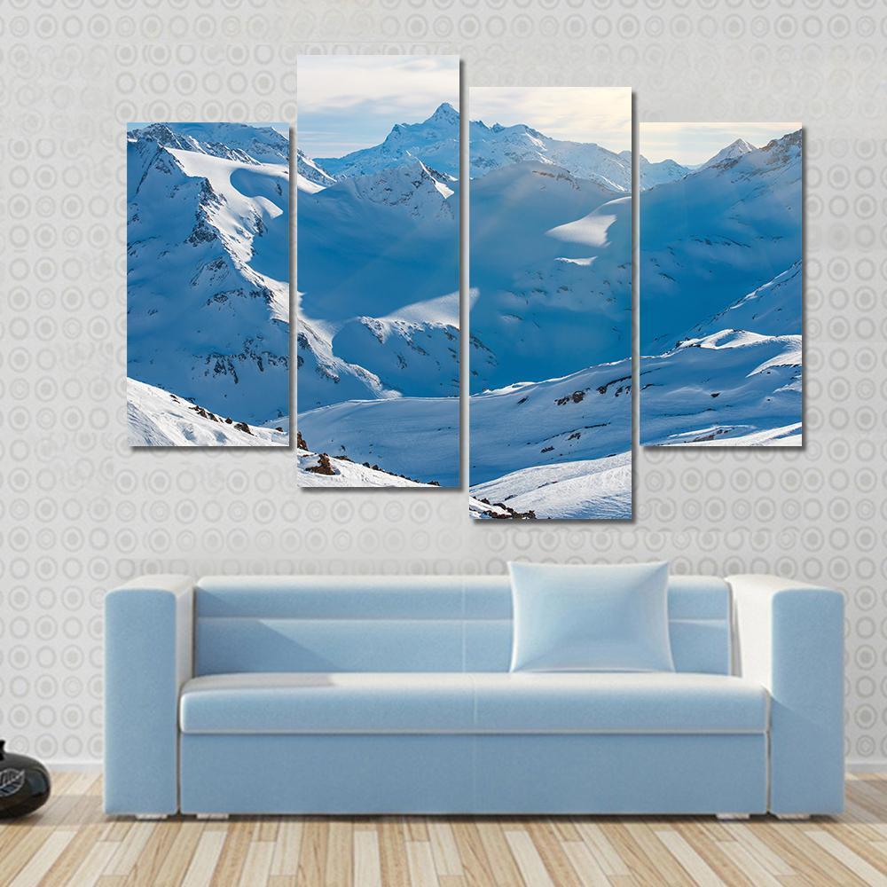 Snowy Blue Mountains In Clouds Canvas Wall Art-4 Pop-Gallery Wrap-50" x 32"-Tiaracle