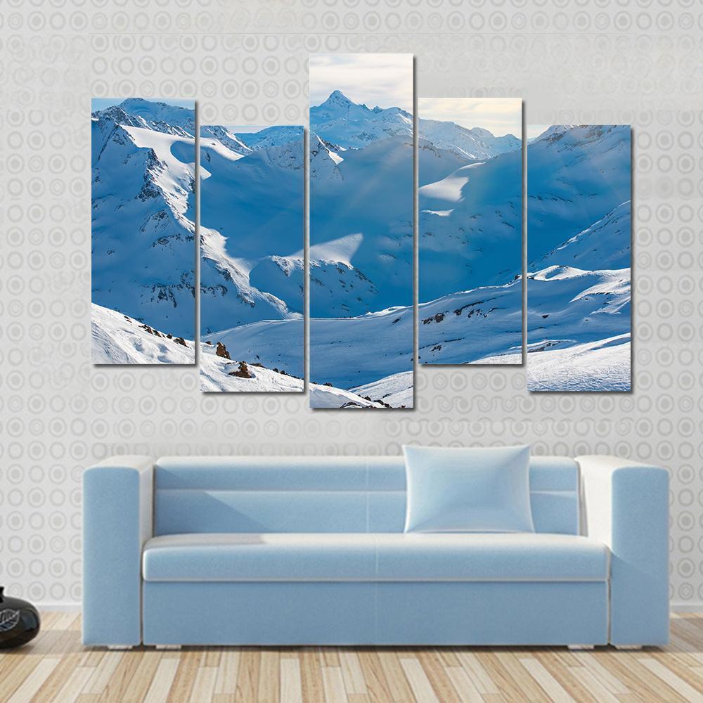 Snowy Blue Mountains In Clouds Canvas Wall Art-5 Pop-Gallery Wrap-47" x 32"-Tiaracle