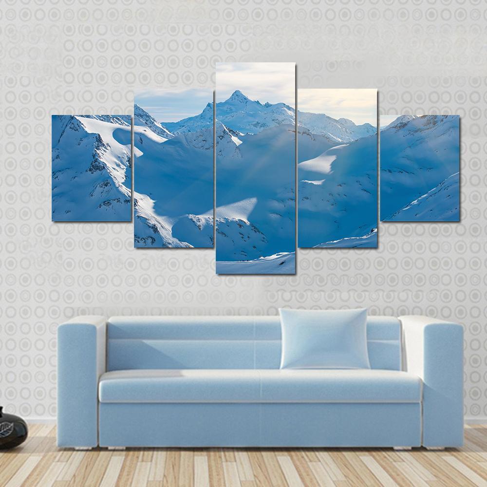 Snowy Blue Mountains In Clouds Canvas Wall Art-5 Star-Gallery Wrap-62" x 32"-Tiaracle