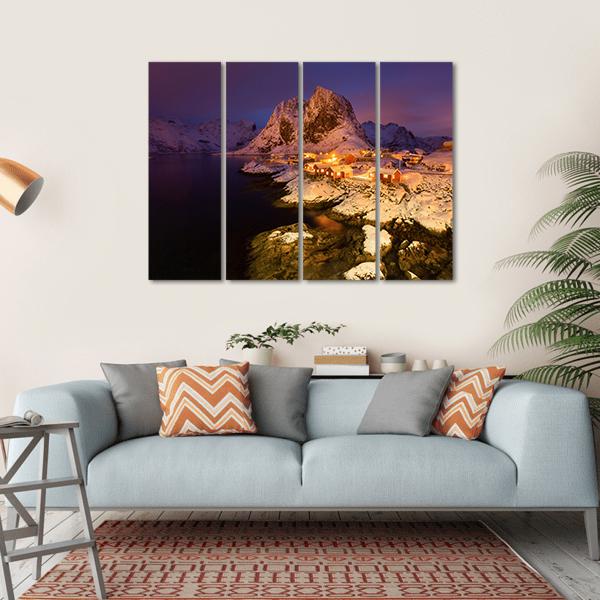 Snowy Hamnoy Village In The Lofoten Islands At Night Canvas Wall Art-4 Horizontal-Gallery Wrap-34" x 24"-Tiaracle