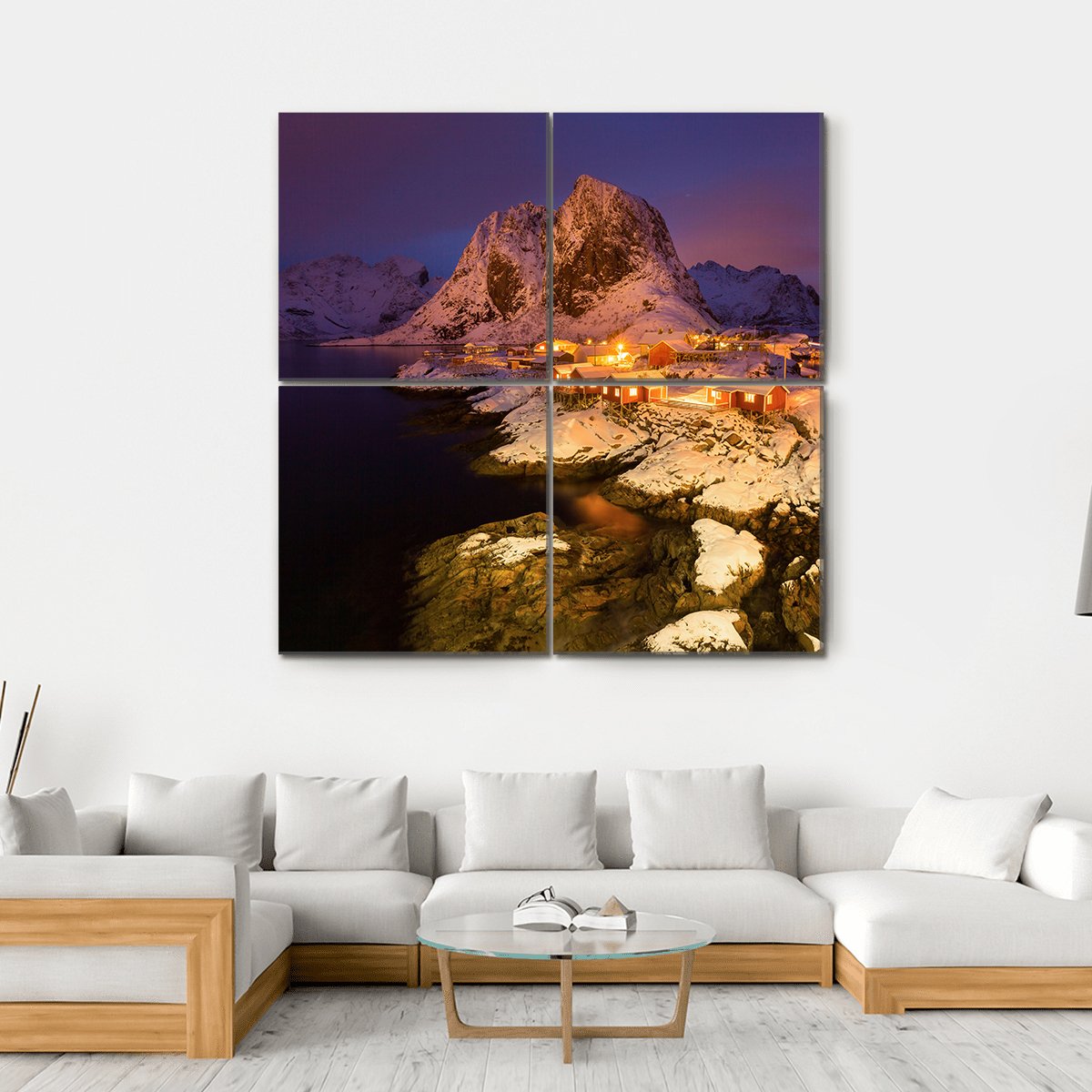 Snowy Hamnoy Village In The Lofoten Islands At Night Canvas Wall Art-4 Square-Gallery Wrap-17" x 17"-Tiaracle