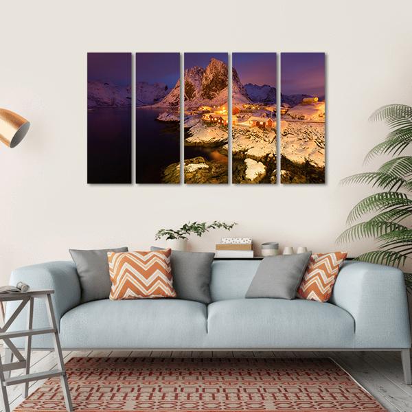 Snowy Hamnoy Village In The Lofoten Islands At Night Canvas Wall Art-5 Horizontal-Gallery Wrap-22" x 12"-Tiaracle