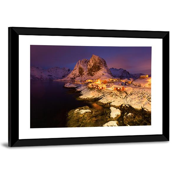 Snowy Hamnoy Village In The Lofoten Islands At Night Canvas Wall Art-3 Horizontal-Gallery Wrap-25" x 16"-Tiaracle