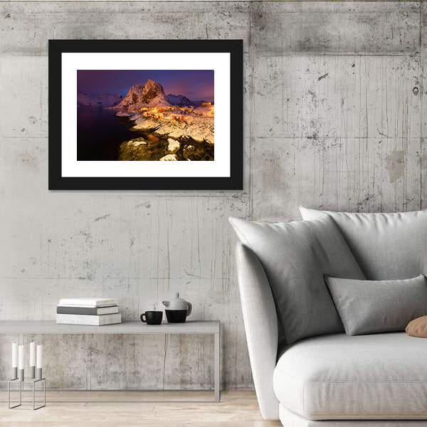 Snowy Hamnoy Village In The Lofoten Islands At Night Canvas Wall Art-3 Horizontal-Gallery Wrap-25" x 16"-Tiaracle