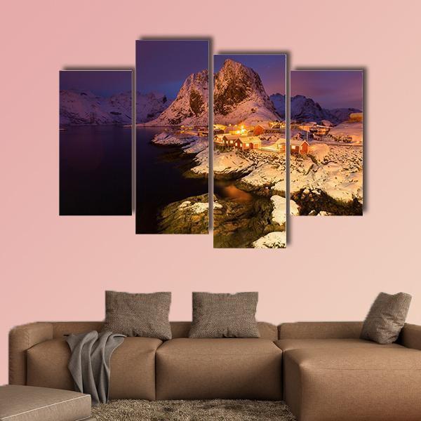 Snowy Hamnoy Village In The Lofoten Islands At Night Canvas Wall Art-4 Pop-Gallery Wrap-50" x 32"-Tiaracle