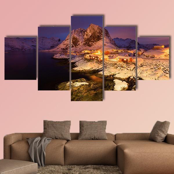 Snowy Hamnoy Village In The Lofoten Islands At Night Canvas Wall Art-5 Star-Gallery Wrap-62" x 32"-Tiaracle