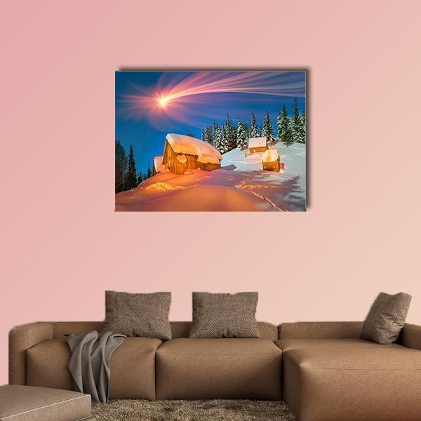 Comet Over Snowy Mountain Cabins Canvas Wall Art in white, orange and blue, single panel hung on a wall