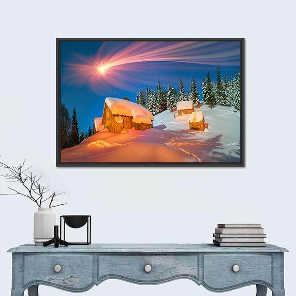 Snowy Houses Of Carpathians Canvas Wall Art-1 Piece-Floating Frame-24" x 16"-Tiaracle