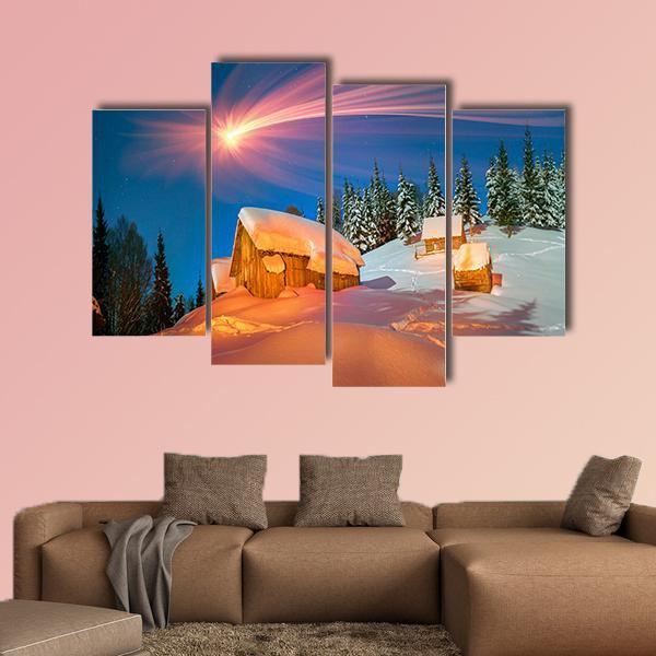 Snowy Houses Of Carpathians Canvas Wall Art-4 Pop-Gallery Wrap-50" x 32"-Tiaracle
