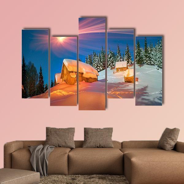 Snowy Houses Of Carpathians Canvas Wall Art-5 Pop-Gallery Wrap-47" x 32"-Tiaracle