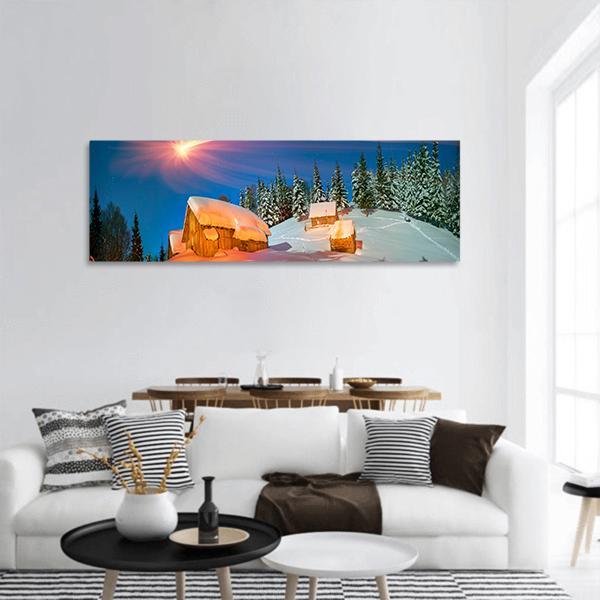 Snowy Houses Of Carpathians Panoramic Canvas Wall Art-3 Piece-25" x 08"-Tiaracle