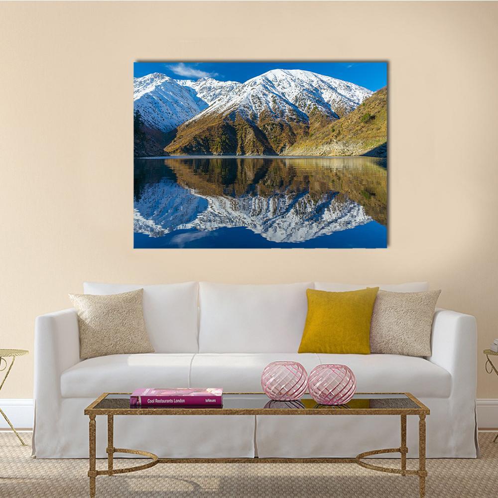 Snowy Peaks In A Mountain Lake Canvas Wall Art-1 Piece-Gallery Wrap-48" x 32"-Tiaracle