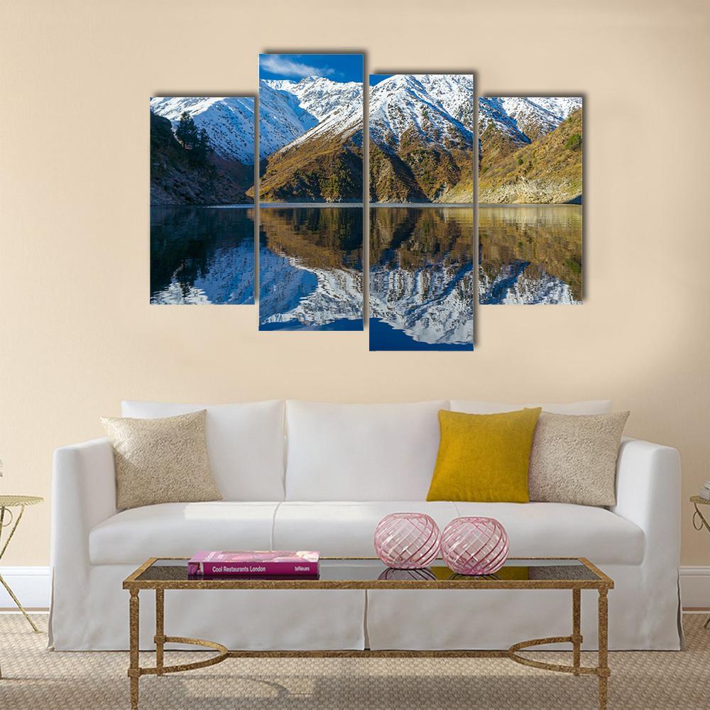 Snowy Peaks In A Mountain Lake Canvas Wall Art-4 Pop-Gallery Wrap-50" x 32"-Tiaracle