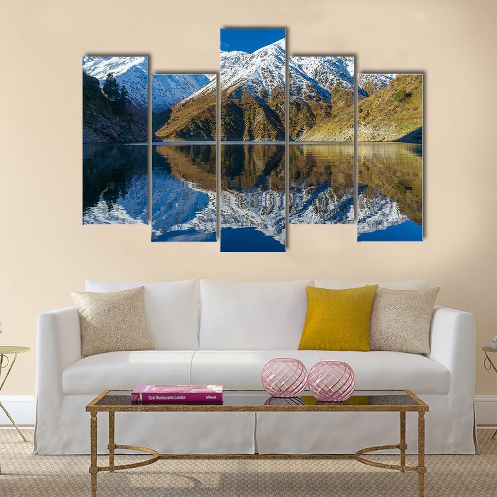 Snowy Peaks In A Mountain Lake Canvas Wall Art-5 Pop-Gallery Wrap-47" x 32"-Tiaracle