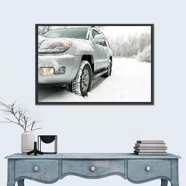 Snowy Winter Car and Road Behind An Unrecognizable Car Canvas Wall Art-1 Piece-Floating Frame-24" x 16"-Tiaracle