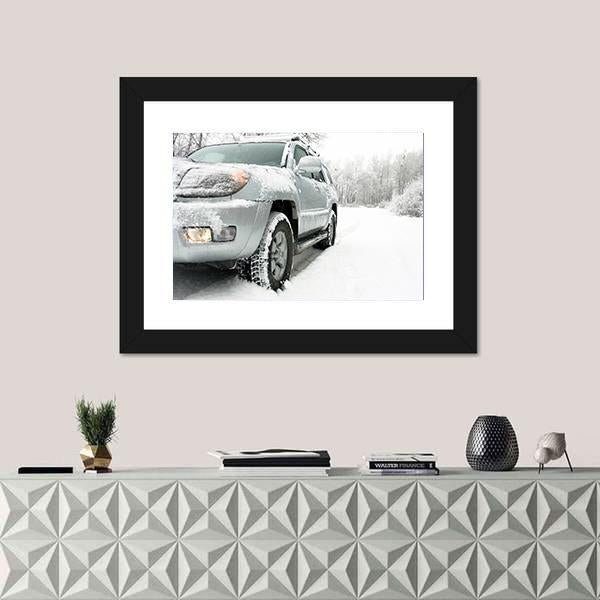 Snowy Winter Car and Road Behind An Unrecognizable Car Canvas Wall Art-1 Piece-Framed Print-20" x 16"-Tiaracle