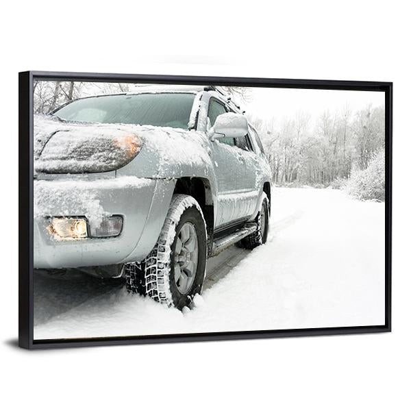 Snowy Winter Car and Road Behind An Unrecognizable Car Canvas Wall Art-3 Horizontal-Gallery Wrap-25" x 16"-Tiaracle