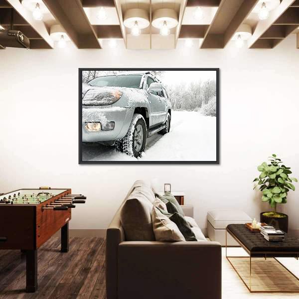 Snowy Winter Car and Road Behind An Unrecognizable Car Canvas Wall Art-3 Horizontal-Gallery Wrap-25" x 16"-Tiaracle